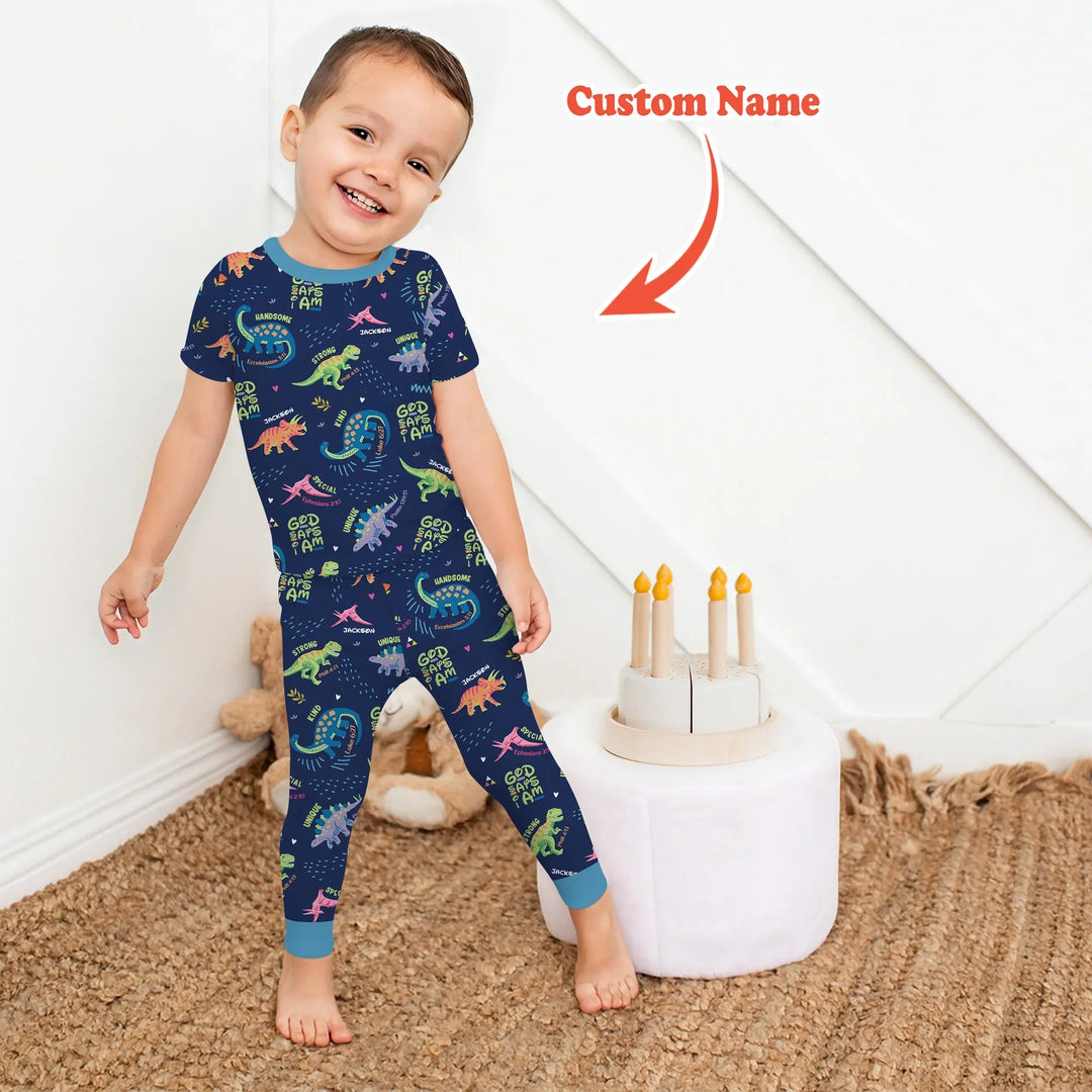 Custom Name God says I am Dinosaur Two Piece Short Sleeve Pajama Set - Zumbamboo
