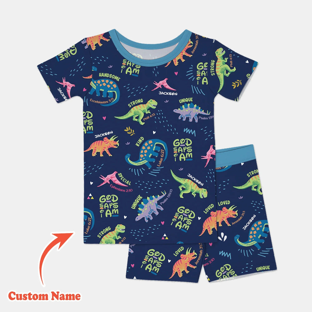 Custom Name God says I am Dinosaur Two Piece Short Sleeve Shorts Pajama Set - Zumbamboo