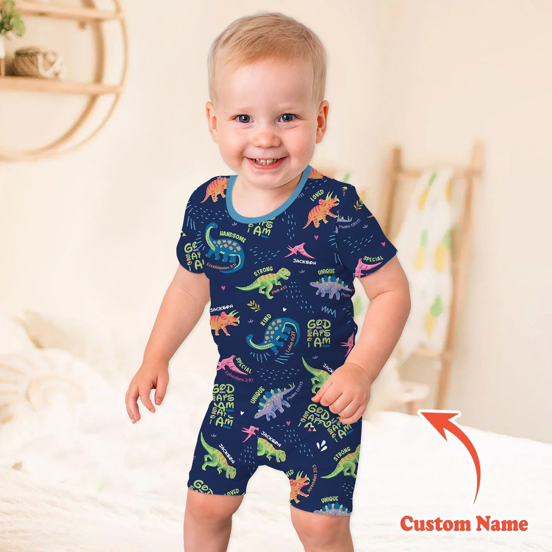 Custom Name God says I am Dinosaur Two Piece Short Sleeve Shorts Pajama Set - Zumbamboo