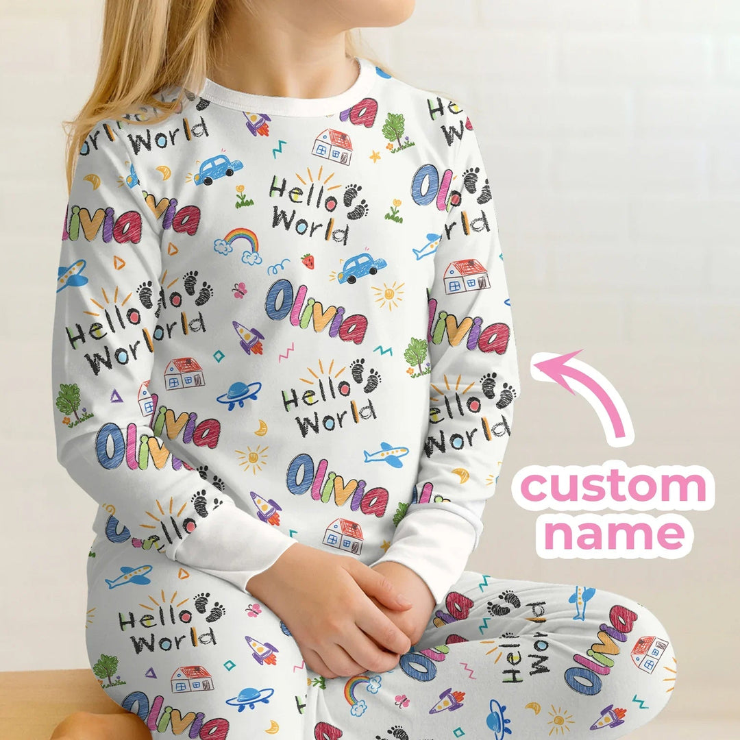 Custom name "Hello World" - Crayon Style Long Sleeve Pajama Set - Zumbamboo