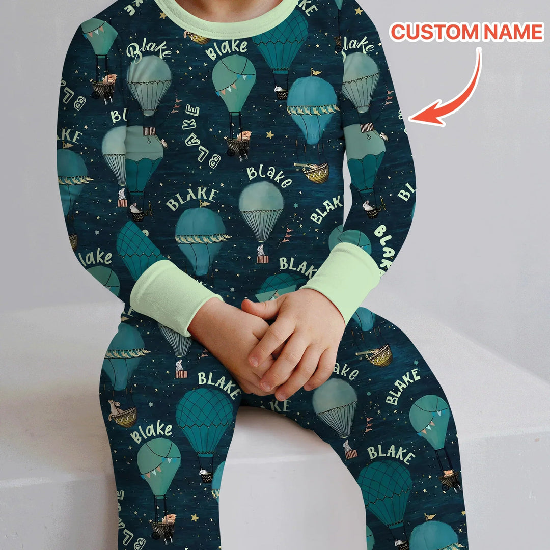 Custom Name Hot Air Balloon Green Two Piece Long Sleeve Pajama Set - Zumbamboo