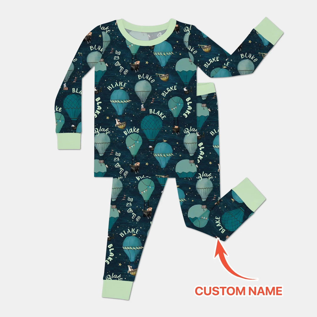 Custom Name Hot Air Balloon Green Two Piece Long Sleeve Pajama Set - Zumbamboo