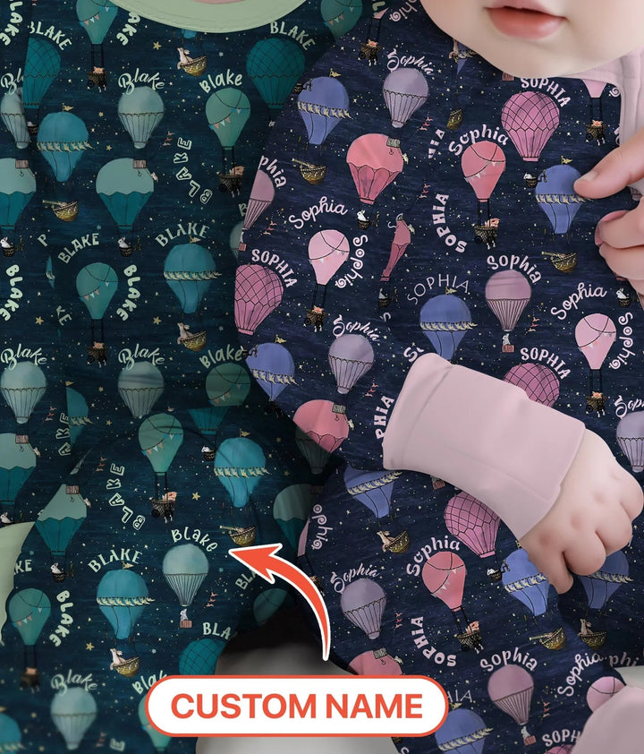 Custom Name Hot Air Balloon Green Two Piece Long Sleeve Pajama Set - Zumbamboo