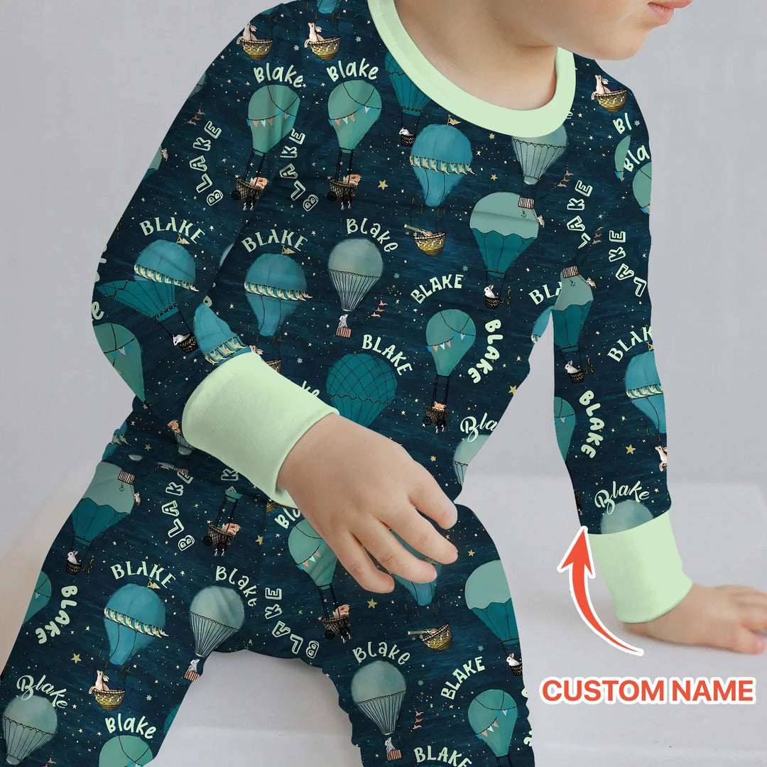 Custom Name Hot Air Balloon Green Two Piece Long Sleeve Pajama Set - Zumbamboo