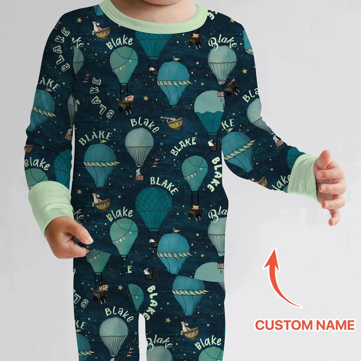 Custom Name Hot Air Balloon Green Two Piece Long Sleeve Pajama Set - Zumbamboo