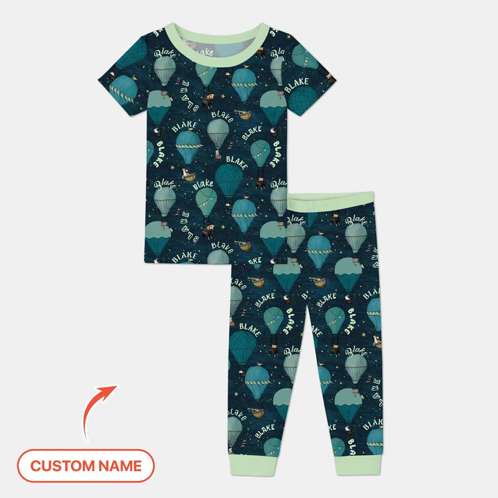 Custom Name Hot Air Balloon Green Two Piece Short Sleeve Pajama Set - Zumbamboo