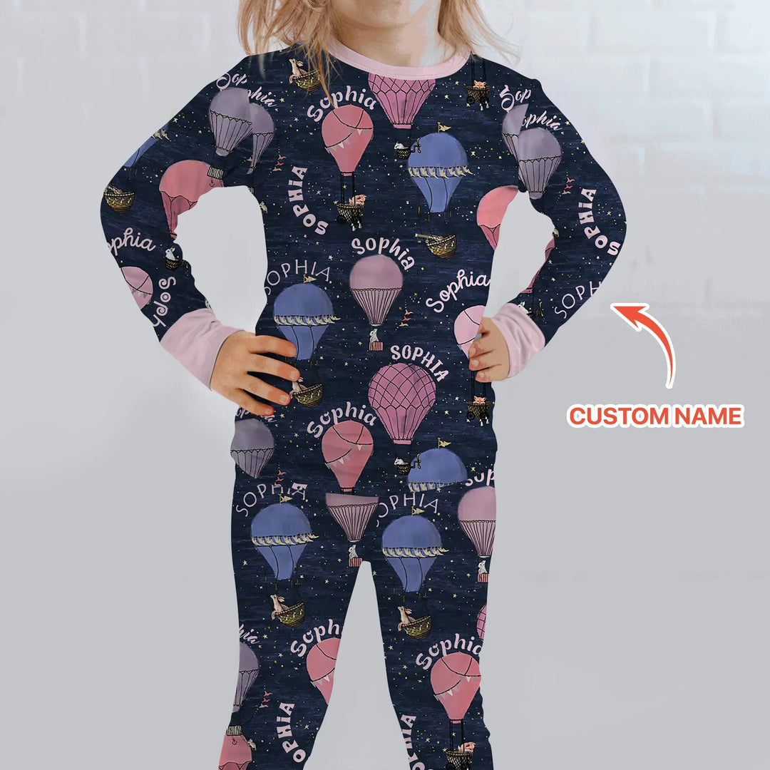 Custom Name Hot Air Balloon Pink Two Piece Long Sleeve Pajama Set - Zumbamboo