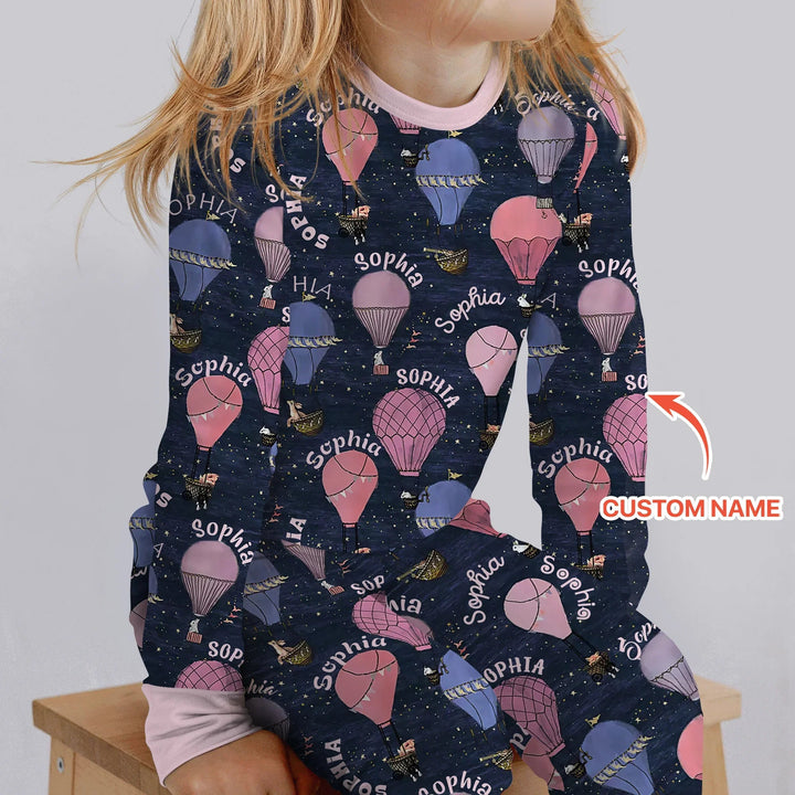Custom Name Hot Air Balloon Pink Two Piece Long Sleeve Pajama Set - Zumbamboo