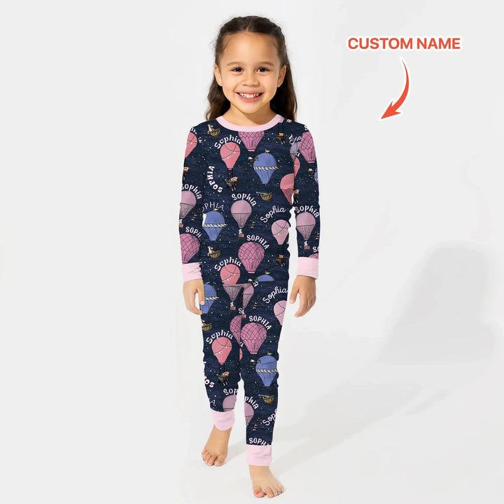 Custom Name Hot Air Balloon Pink Two Piece Long Sleeve Pajama Set - Zumbamboo