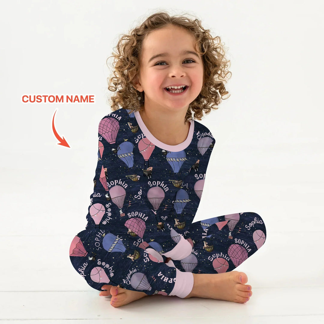 Custom Name Hot Air Balloon Pink Two Piece Long Sleeve Pajama Set - Zumbamboo