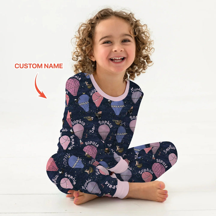 Custom Name Hot Air Balloon Pink Two Piece Long Sleeve Pajama Set - Zumbamboo