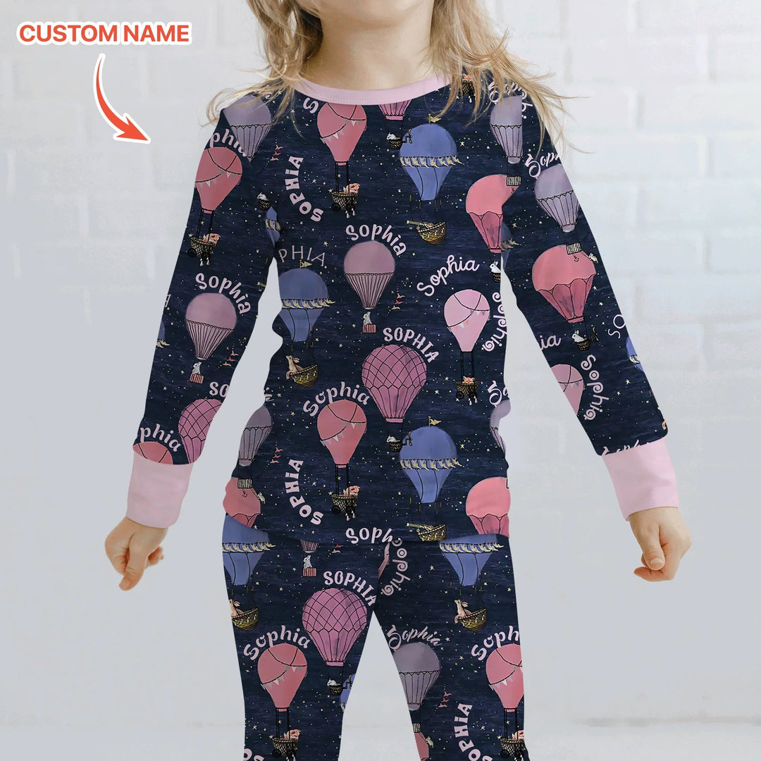 Custom Name Hot Air Balloon Pink Two Piece Long Sleeve Pajama Set - Zumbamboo