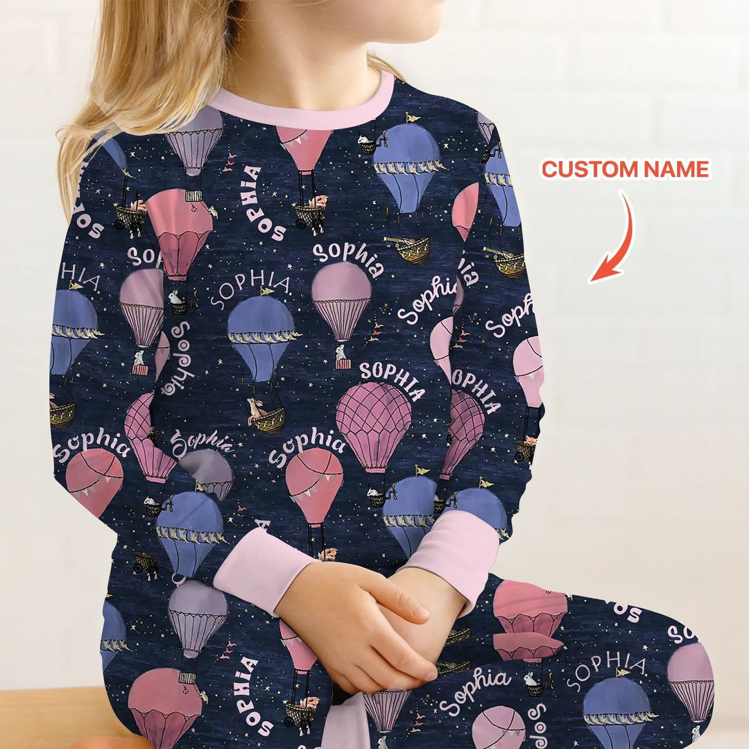 Custom Name Hot Air Balloon Pink Two Piece Long Sleeve Pajama Set - Zumbamboo