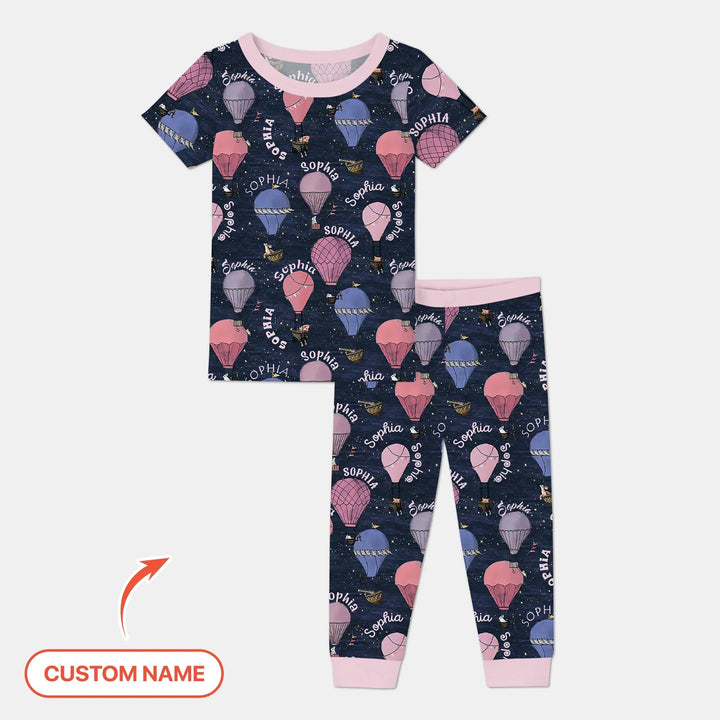 Custom Name Hot Air Balloon Pink Two Piece Short Sleeve Pajama Set - Zumbamboo