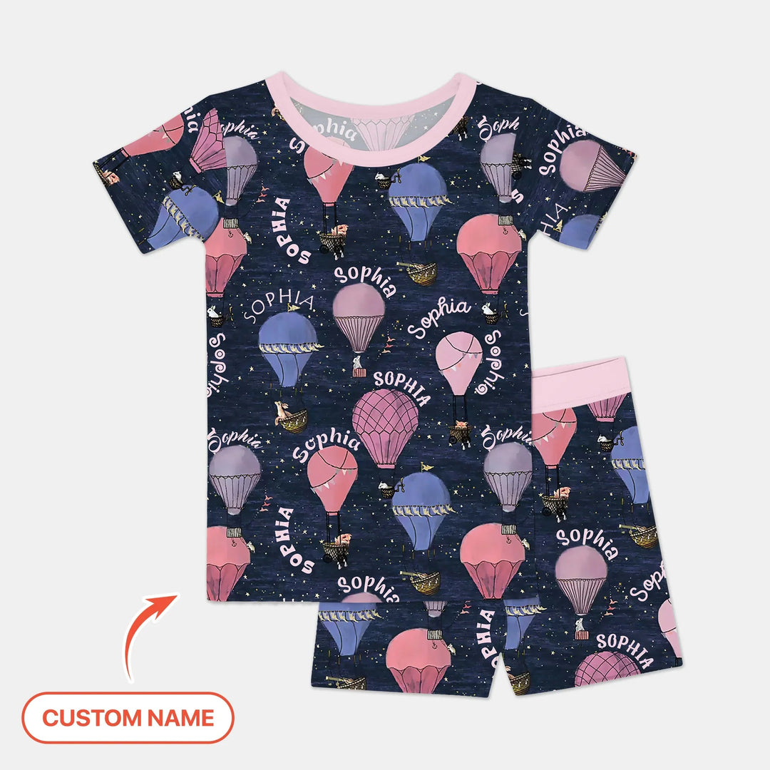 Custom Name Hot Air Balloon Pink Two Piece Short Sleeve Shorts Pajama Set - Zumbamboo