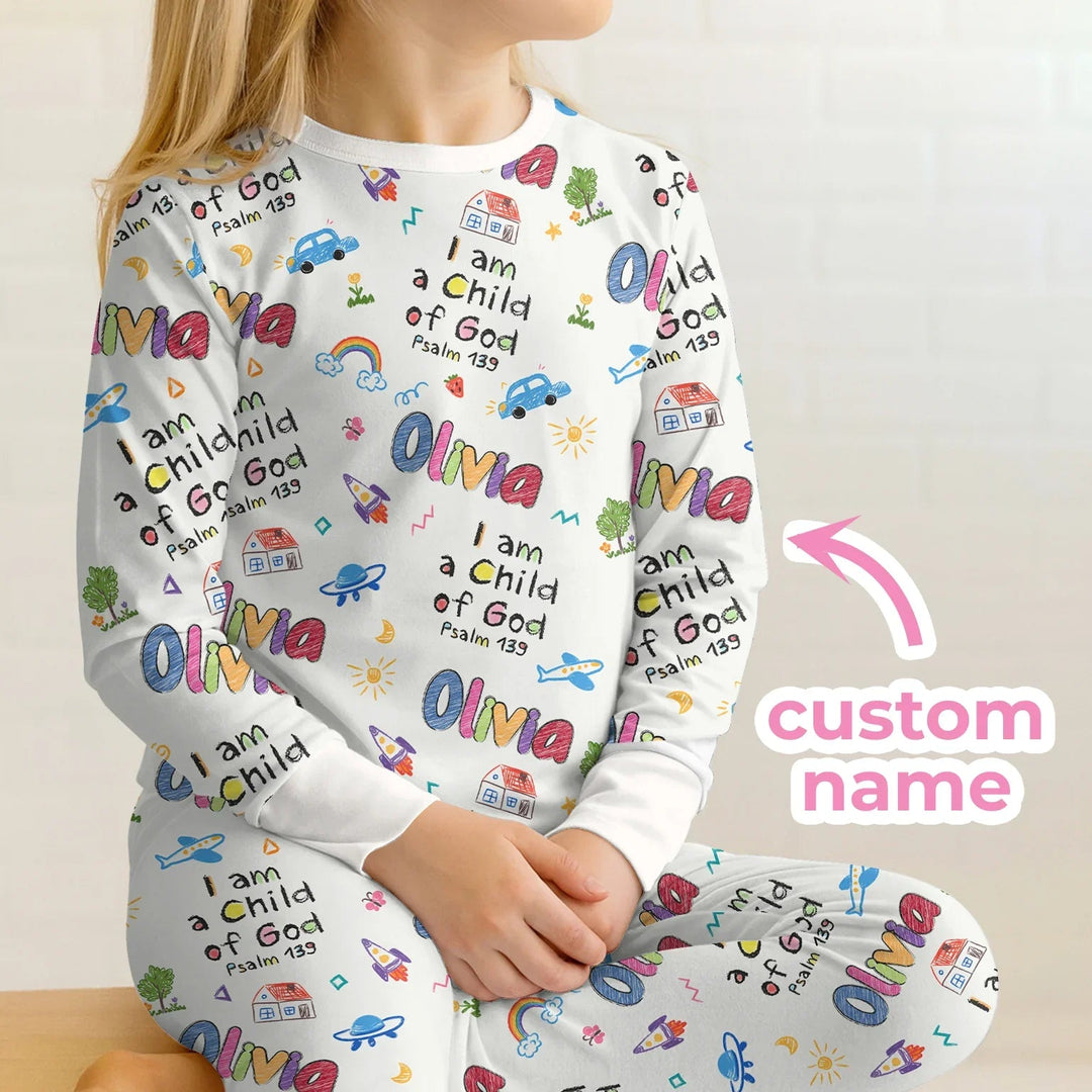 Custom name "I am a Child of God" - Crayon Style Long Sleeve Pajama Set - Zumbamboo