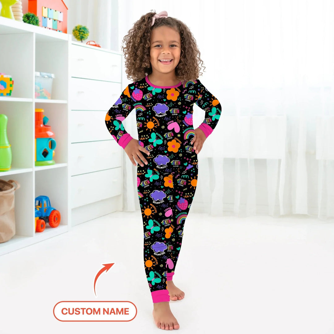 Custom Name Little Melanin Queen Long Sleeve Pajama Set - Zumbamboo