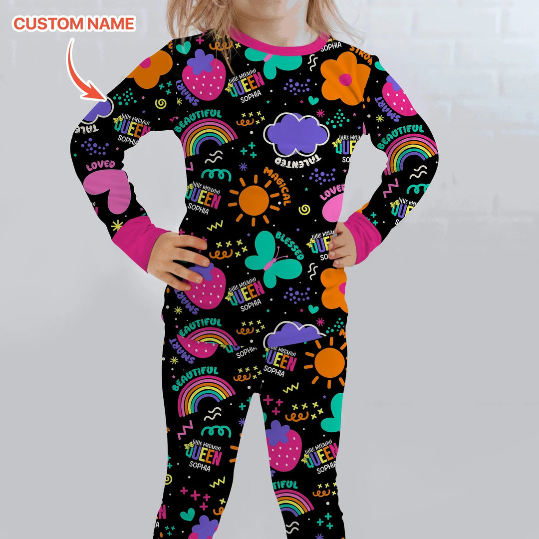Custom Name Little Melanin Queen Long Sleeve Pajama Set - Zumbamboo
