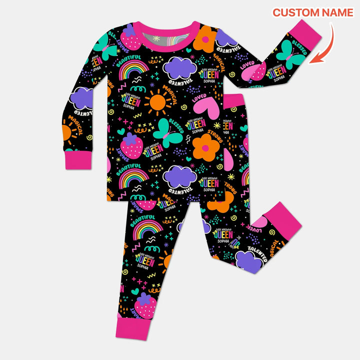 Custom Name Little Melanin Queen Long Sleeve Pajama Set - Zumbamboo