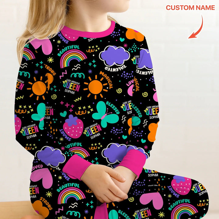 Custom Name Little Melanin Queen Long Sleeve Pajama Set - Zumbamboo