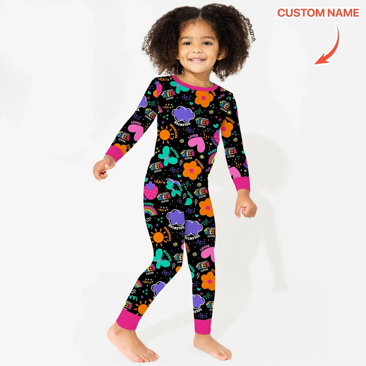 Custom Name Little Melanin Queen Long Sleeve Pajama Set - Zumbamboo
