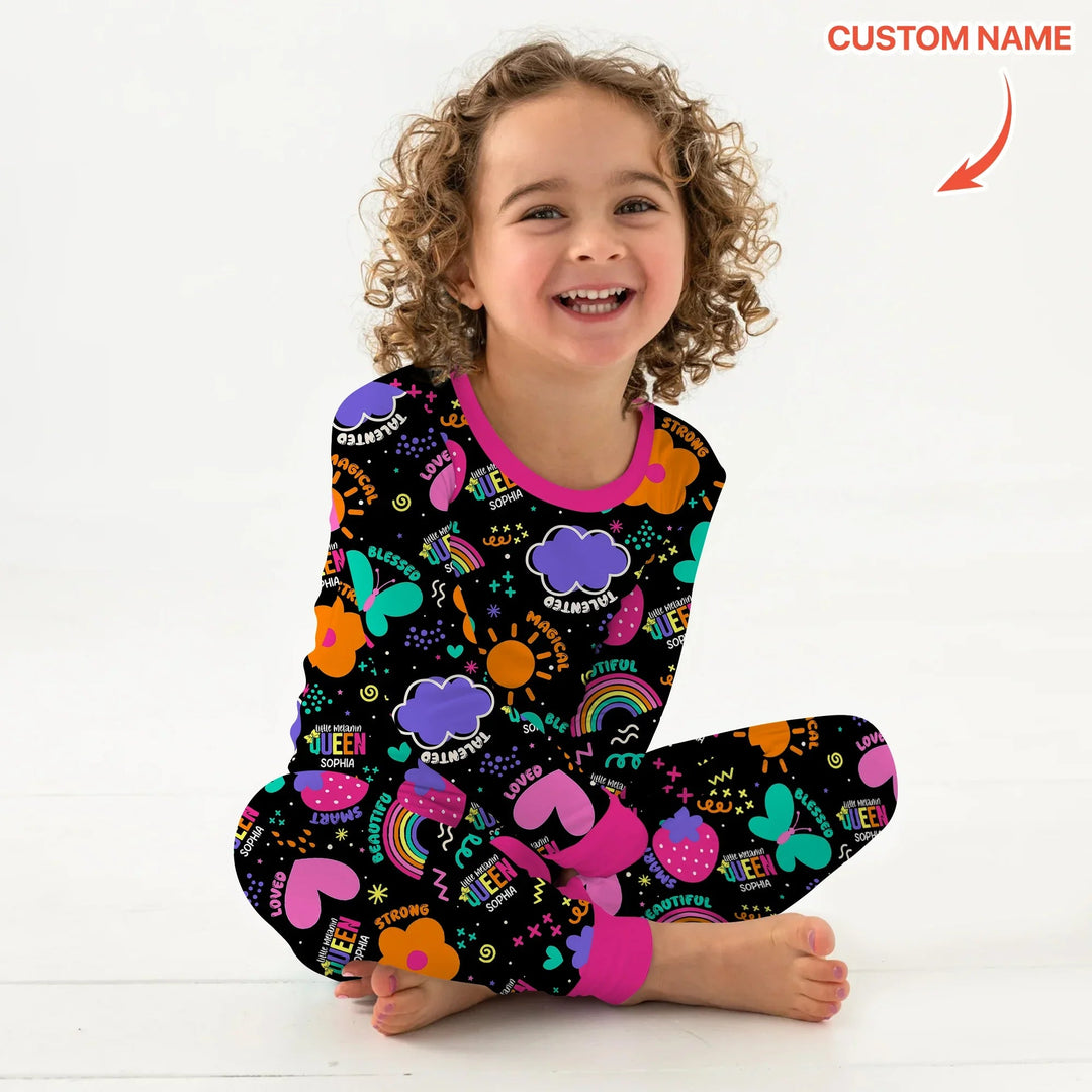 Custom Name Little Melanin Queen Long Sleeve Pajama Set - Zumbamboo