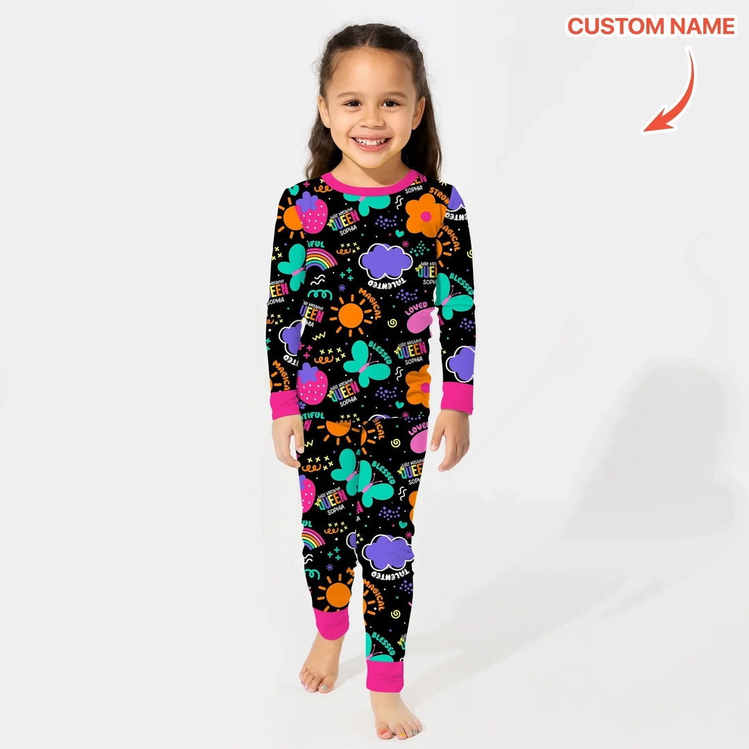 Custom Name Little Melanin Queen Long Sleeve Pajama Set - Zumbamboo