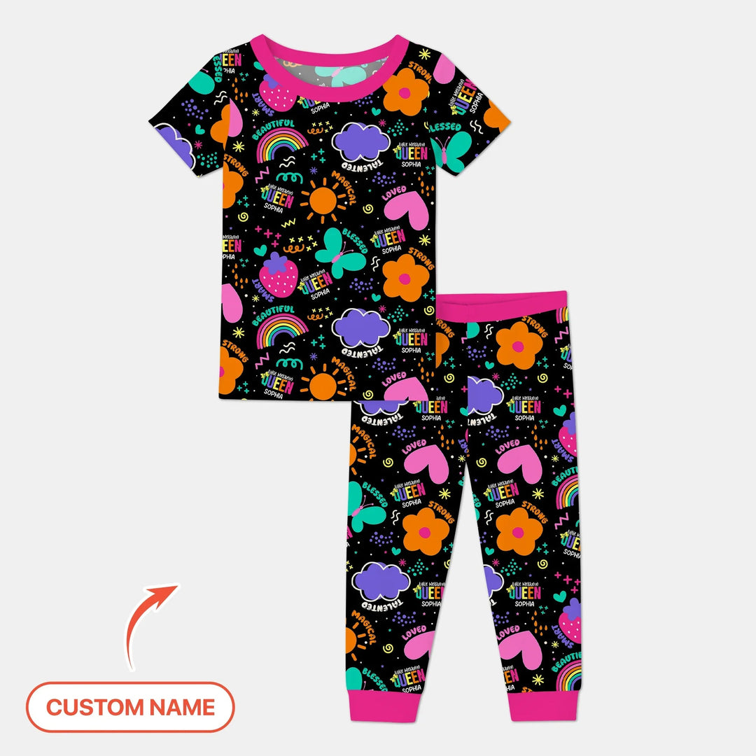 Custom Name Little Melanin Queen Two Piece Short Sleeve Pajama Set - Zumbamboo