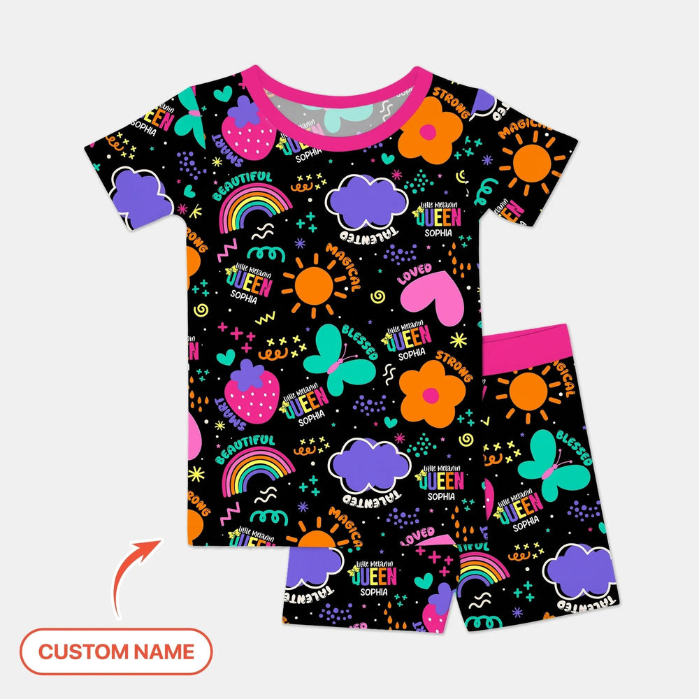 Custom Name Little Melanin Queen Two Piece Short Sleeve Shorts Pajama Set - Zumbamboo