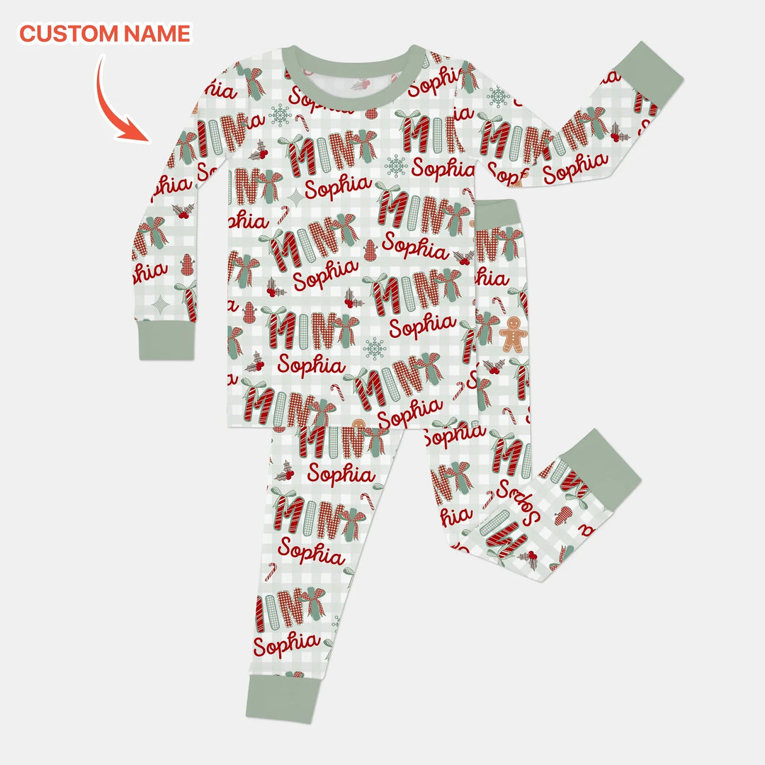 Custom Name Mama Mini Matching Christmas Two Piece Long Sleeve Pajama Set (Green) - Zumbamboo