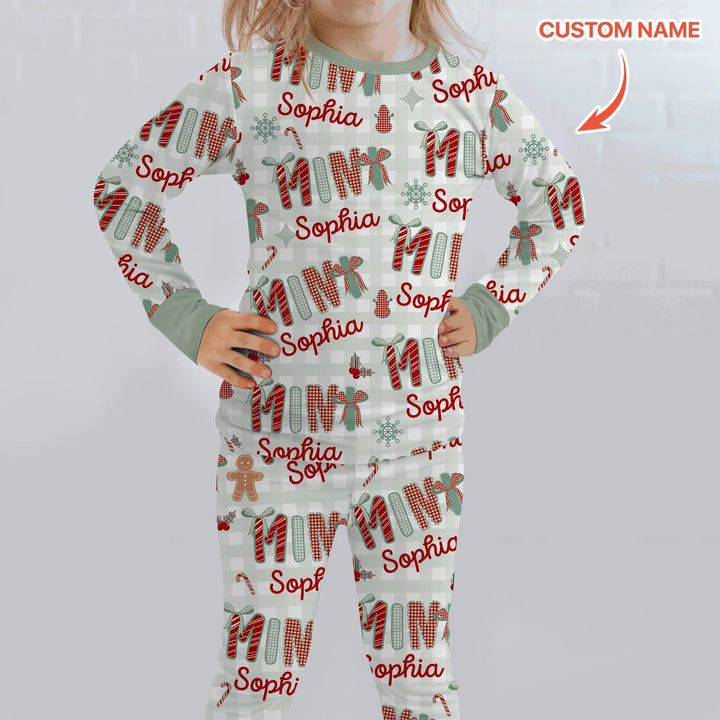Custom Name Mama Mini Matching Christmas Two Piece Long Sleeve Pajama Set (Green) - Zumbamboo