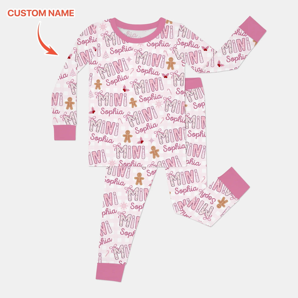 Custom Name Mama Mini Matching Christmas Two Piece Long Sleeve Pajama Set (Pink) - Zumbamboo