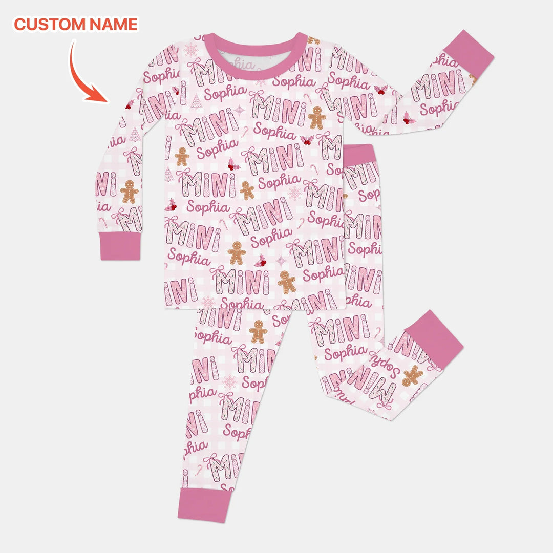 Custom Name Mama Mini Matching Christmas Two Piece Long Sleeve Pajama Set (Pink) - Zumbamboo