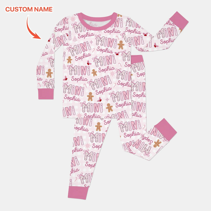 Custom Name Mama Mini Matching Christmas Two Piece Long Sleeve Pajama Set (Pink) - Zumbamboo