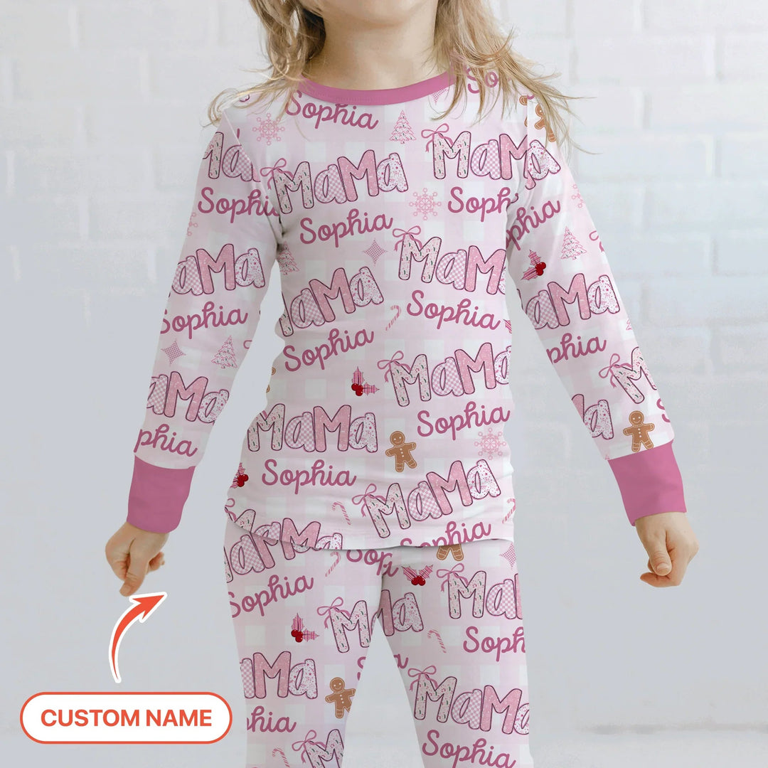 Custom Name Mama Mini Matching Christmas Two Piece Long Sleeve Pajama Set (Pink) - Zumbamboo