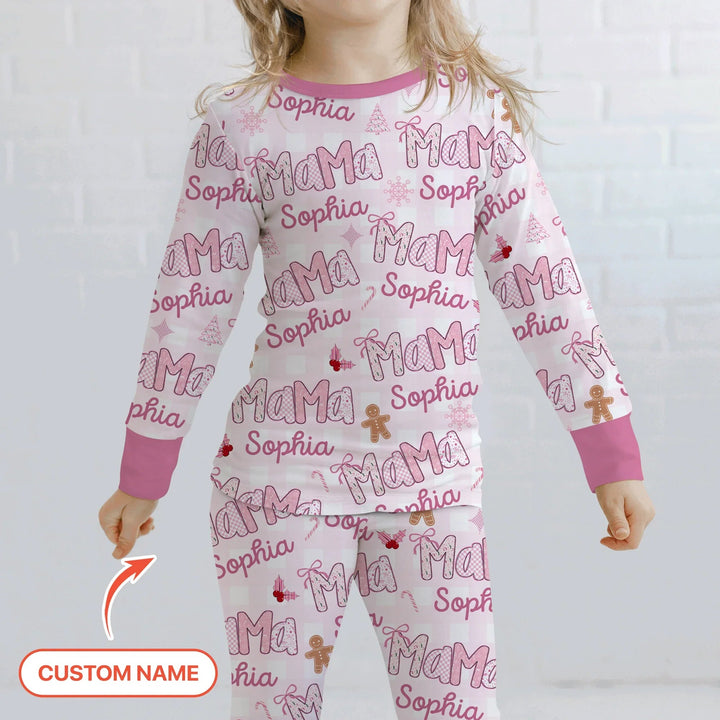 Custom Name Mama Mini Matching Christmas Two Piece Long Sleeve Pajama Set (Pink) - Zumbamboo
