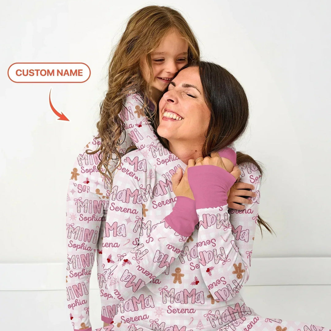 Custom Name Mama Mini Matching Christmas Two Piece Long Sleeve Pajama Set (Pink) - Zumbamboo