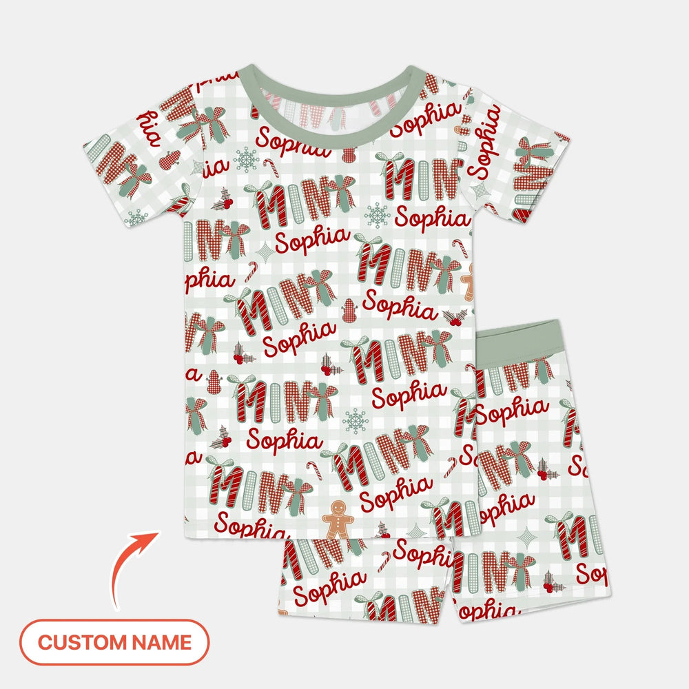 Custom Name Mama Mini Matching Christmas Two Piece Short Sleeve Shorts Pajama Set (Green) - Zumbamboo