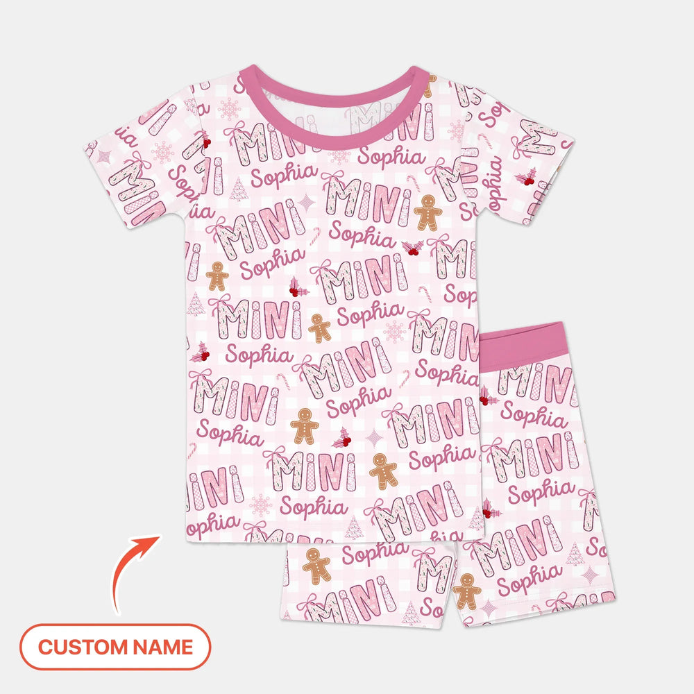 Custom Name Mama Mini Matching Christmas Two Piece Short Sleeve Shorts Pajama Set (Pink) - Zumbamboo