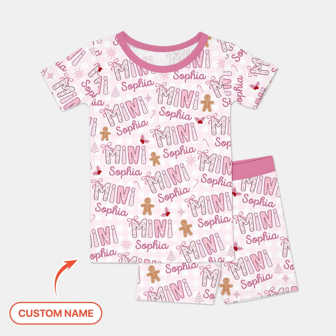 Custom Name Mama Mini Matching Christmas Two Piece Short Sleeve Shorts Pajama Set (Pink) - Zumbamboo