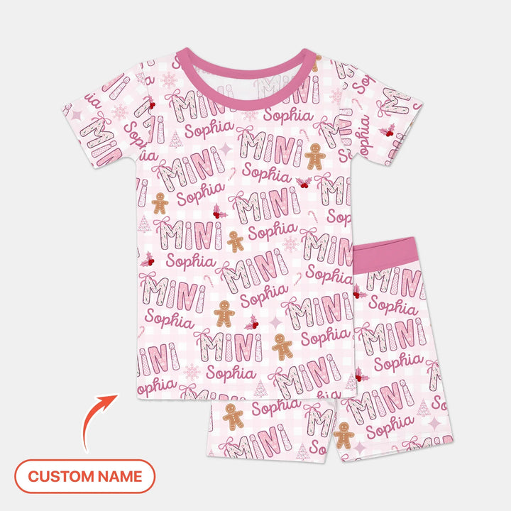 Custom Name Mama Mini Matching Christmas Two Piece Short Sleeve Shorts Pajama Set (Pink) - Zumbamboo