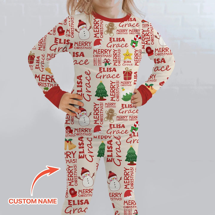 Custom Name Merry Christmas Two Piece Long Sleeve Pajama Set - Zumbamboo