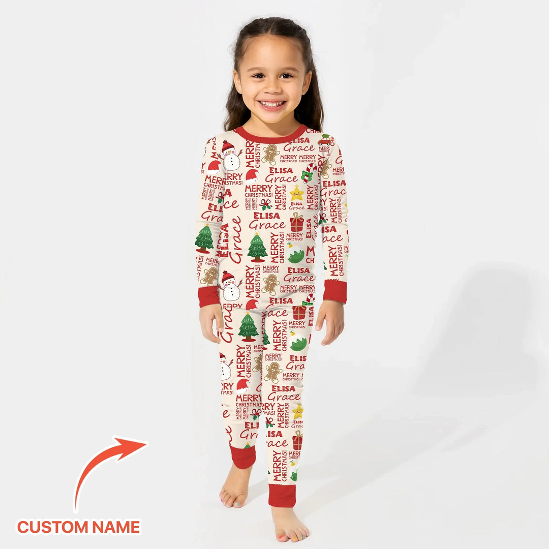 Custom Name Merry Christmas Two Piece Long Sleeve Pajama Set - Zumbamboo
