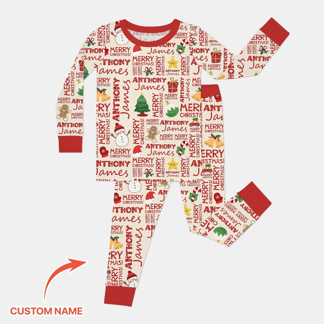 Custom Name Merry Christmas Two Piece Long Sleeve Pajama Set - Zumbamboo