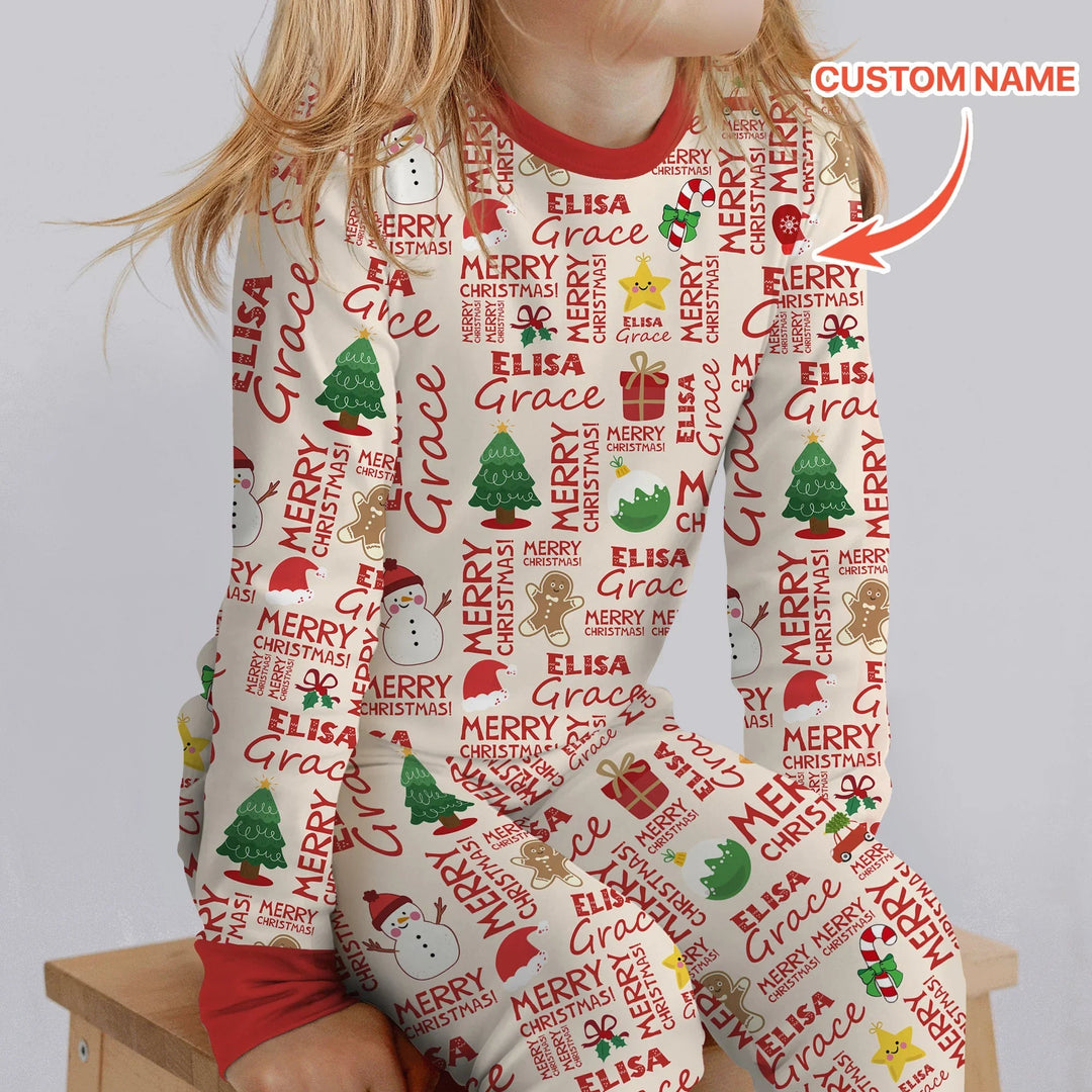 Custom Name Merry Christmas Two Piece Long Sleeve Pajama Set - Zumbamboo