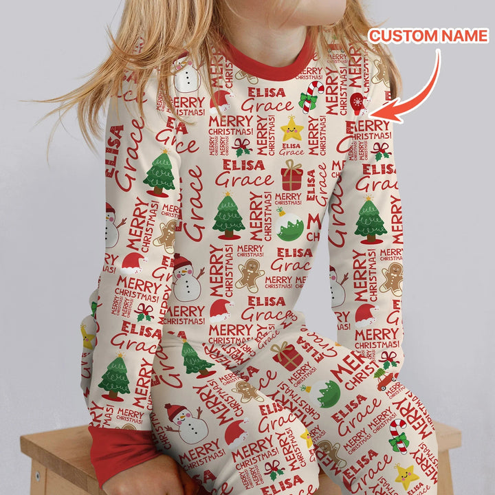 Custom Name Merry Christmas Two Piece Long Sleeve Pajama Set - Zumbamboo