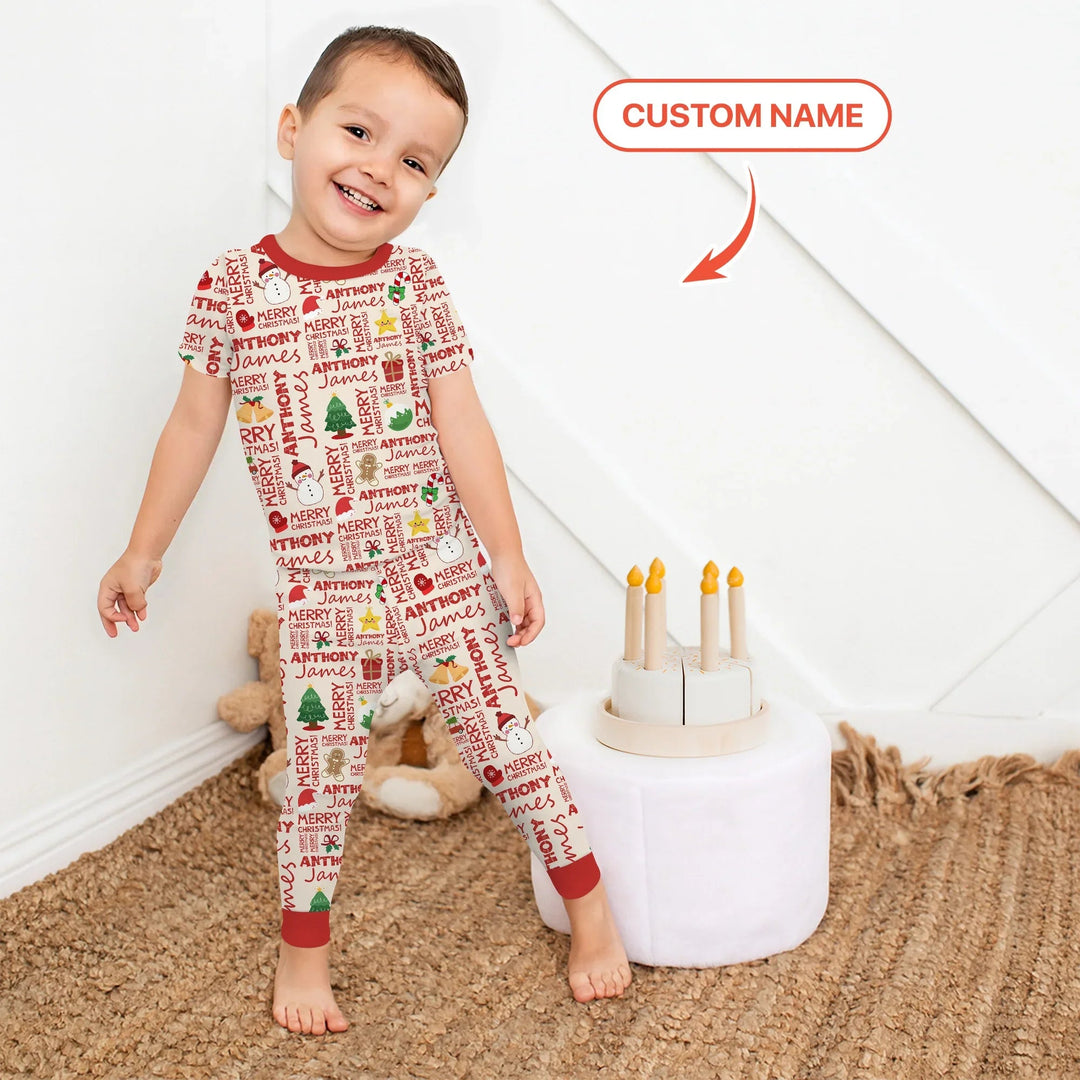 Custom Name Merry Christmas Two Piece Short Sleeve Pajama Set - Zumbamboo