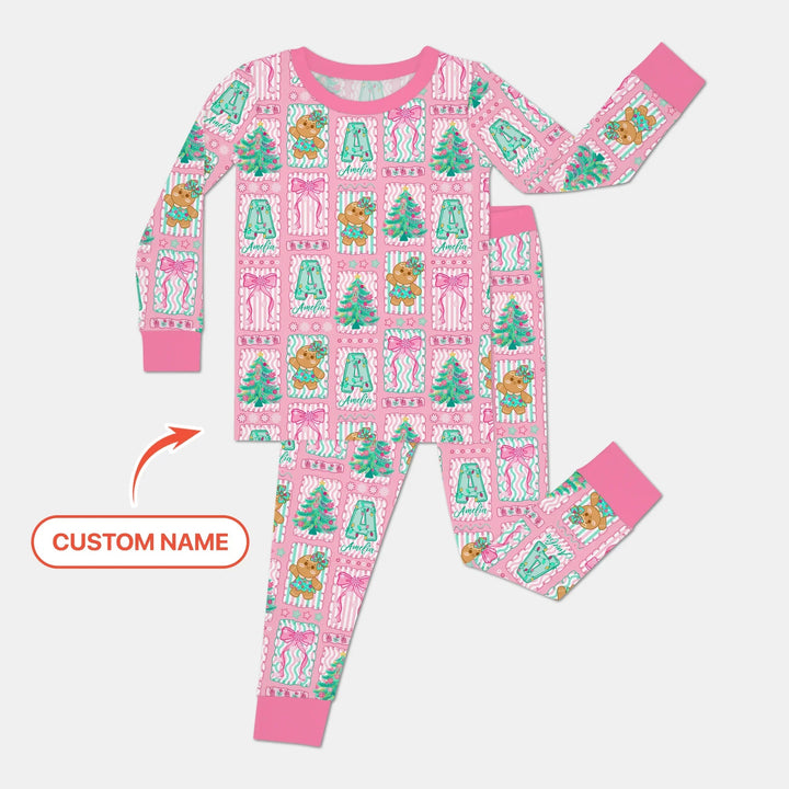 Custom Name "Merry Pink Christmas" Two Piece Long Sleeve Pajama Set - Zumbamboo