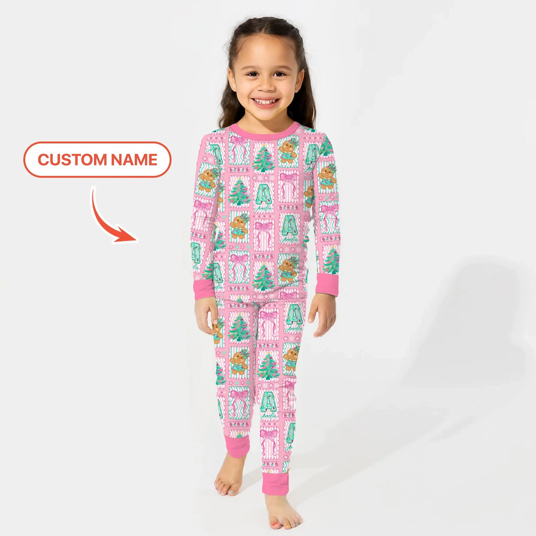 Custom Name "Merry Pink Christmas" Two Piece Long Sleeve Pajama Set - Zumbamboo