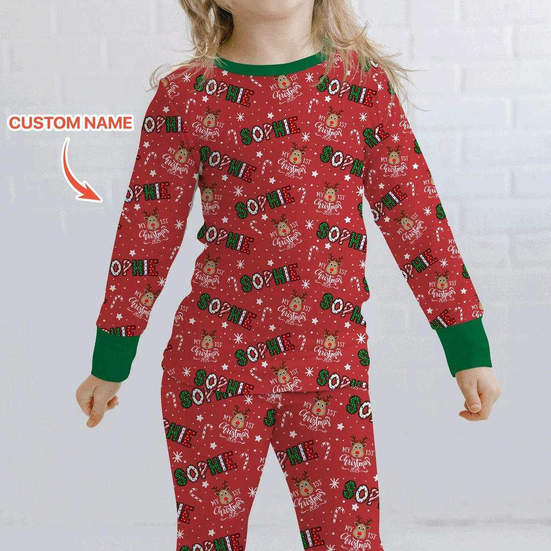 Custom Name "My First Christmas 2025" Two Piece Long Sleeve Pajama Set - Zumbamboo